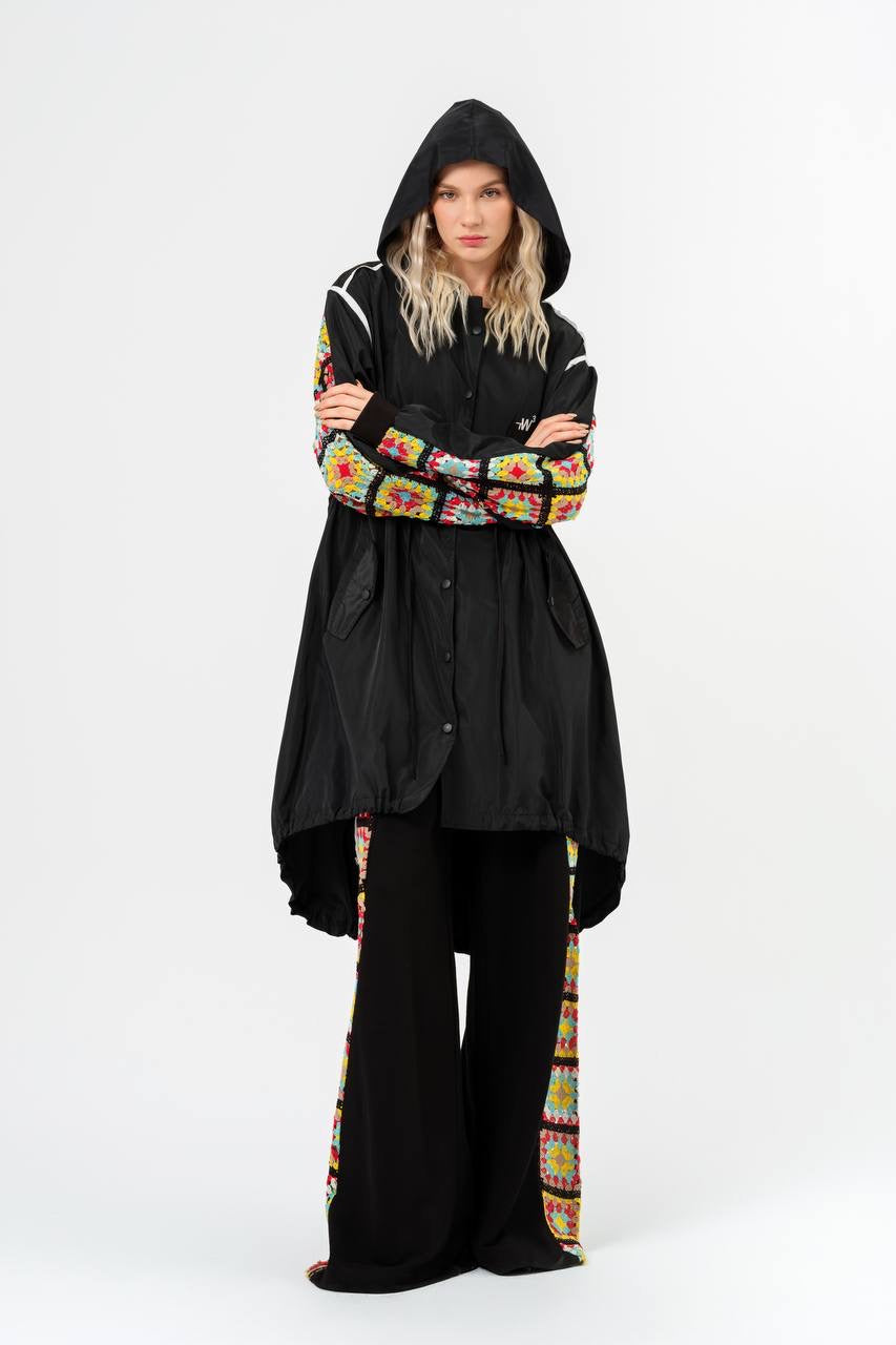 Black Windbreaker and Wide-Leg Crochet Set