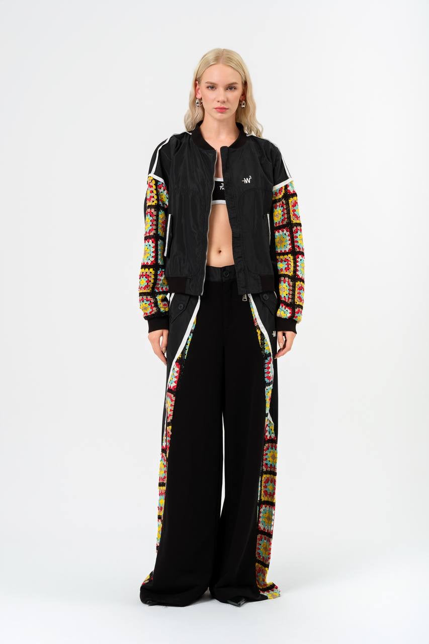 Bold Crochet Panel Jacket and Wide-Leg Pants Ensemble