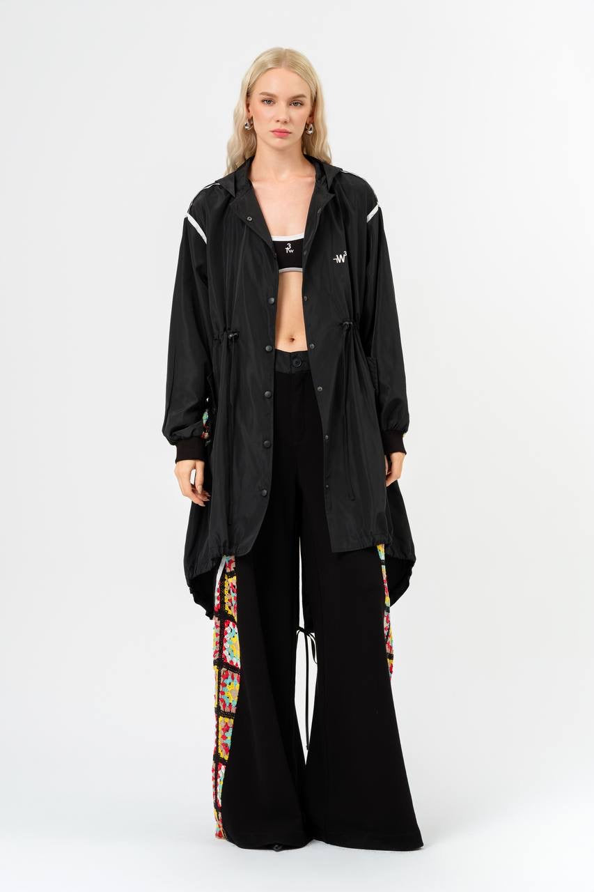 Black Windbreaker and Wide-Leg Crochet Set