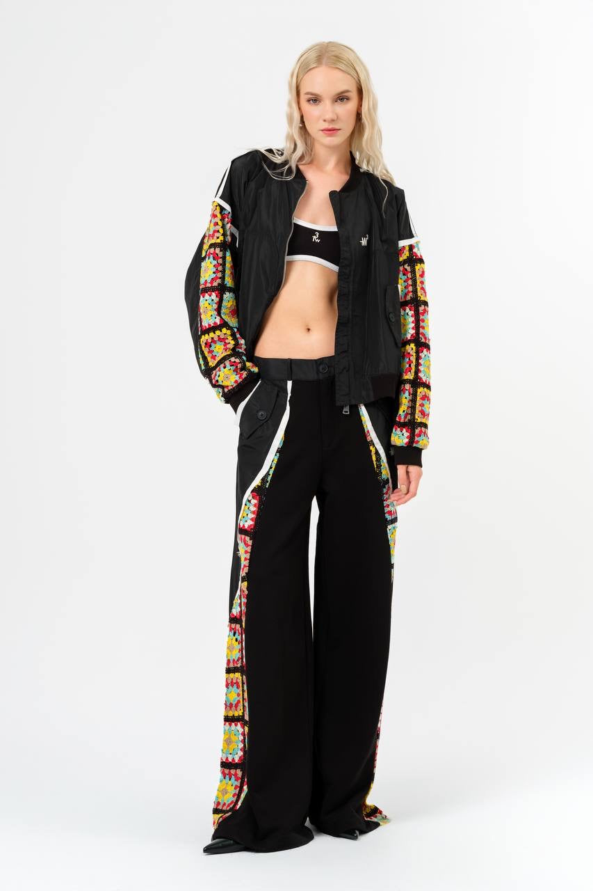 Bold Crochet Panel Jacket and Wide-Leg Pants Ensemble