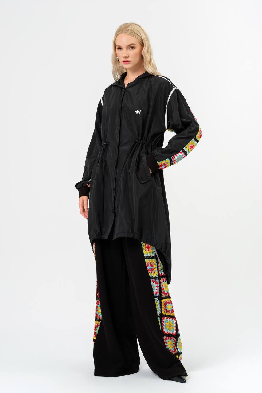 Black Windbreaker and Wide-Leg Crochet Set