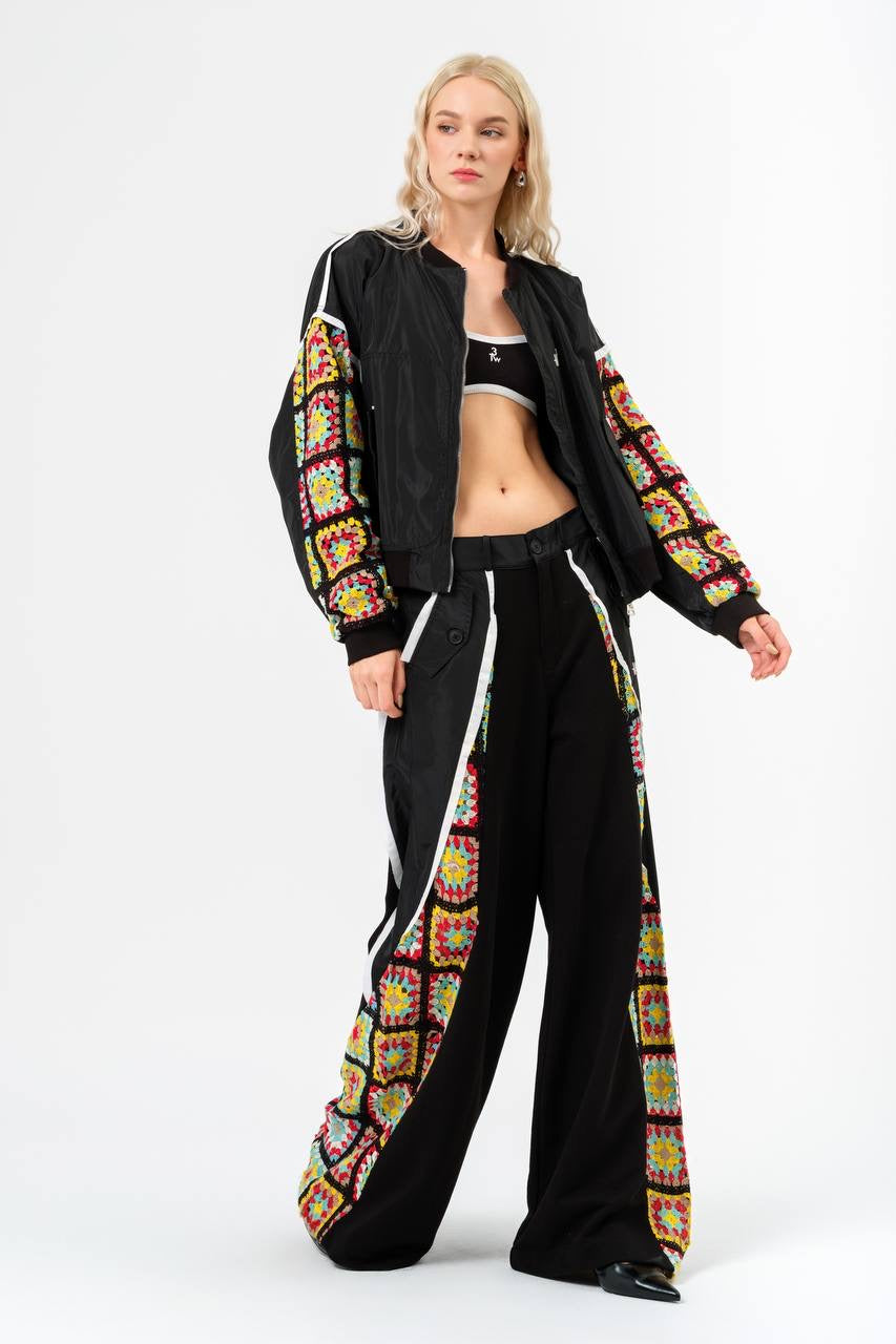 Bold Crochet Panel Jacket and Wide-Leg Pants Ensemble