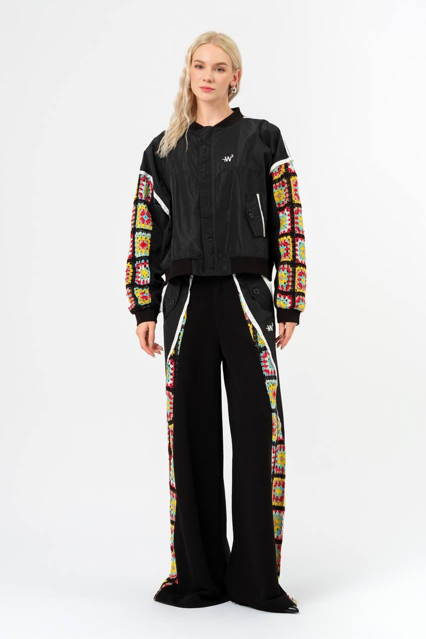 Bold Crochet Panel Jacket and Wide-Leg Pants Ensemble