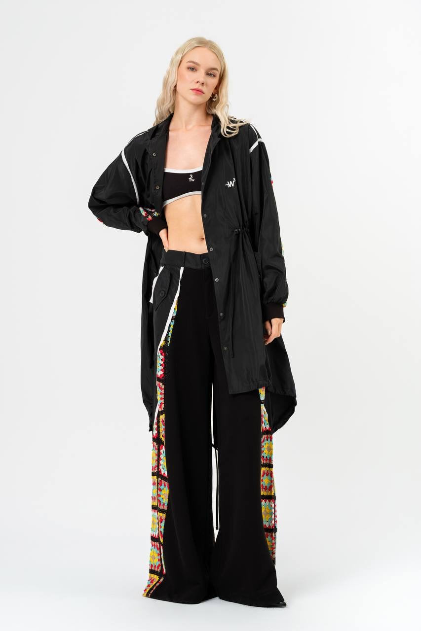 Black Windbreaker and Wide-Leg Crochet Set