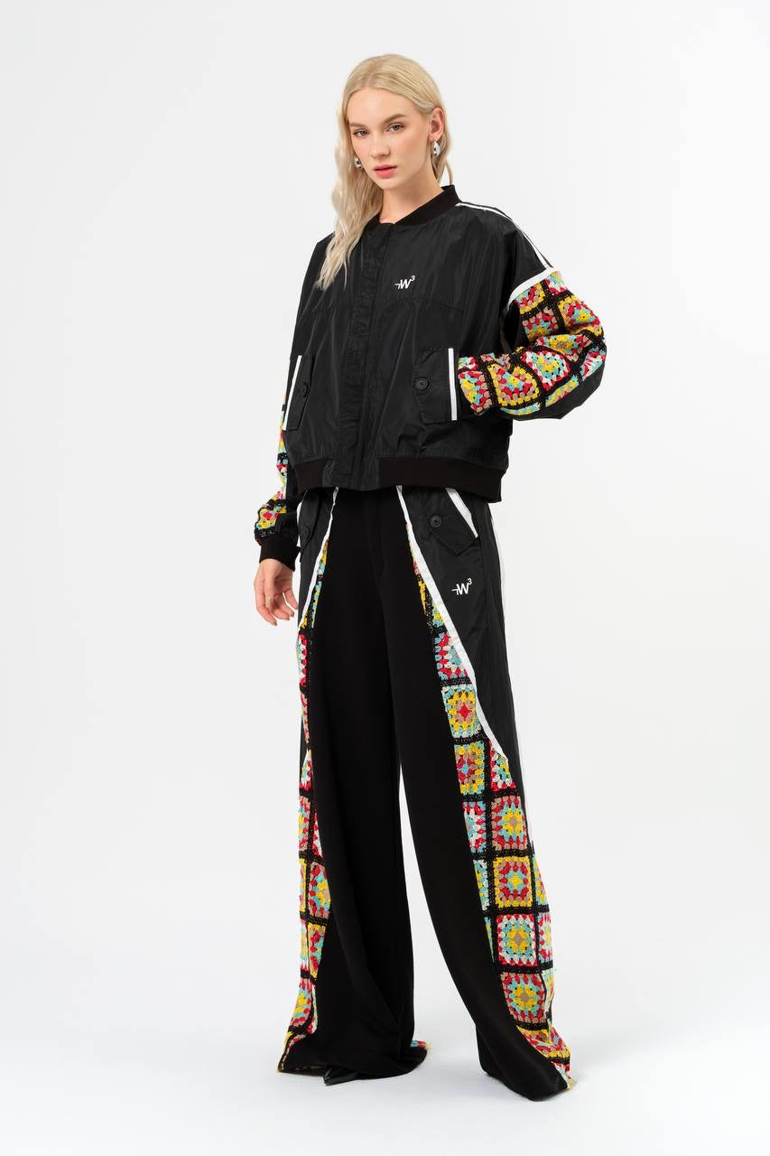 Bold Crochet Panel Jacket and Wide-Leg Pants Ensemble