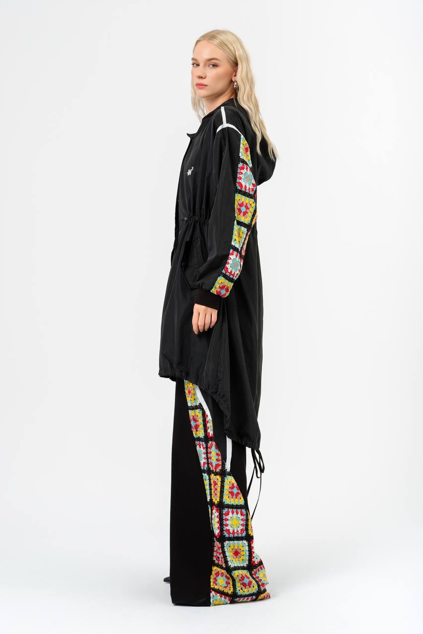 Black Windbreaker and Wide-Leg Crochet Set