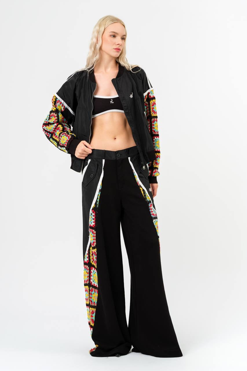 Bold Crochet Panel Jacket and Wide-Leg Pants Ensemble