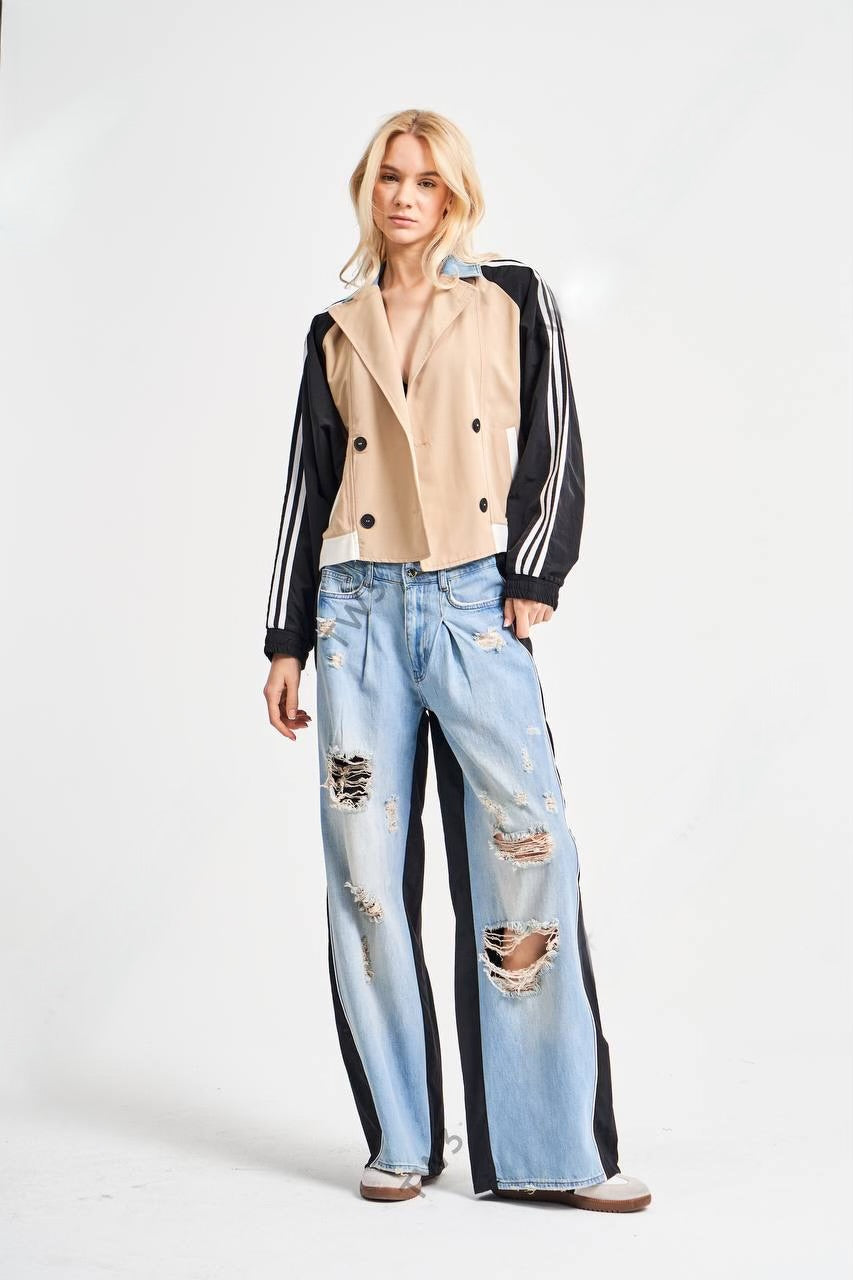 Fashion Beige Jacket With Stylish Denim Pants Set