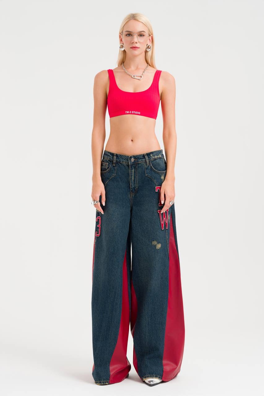 Red With Denim Pants