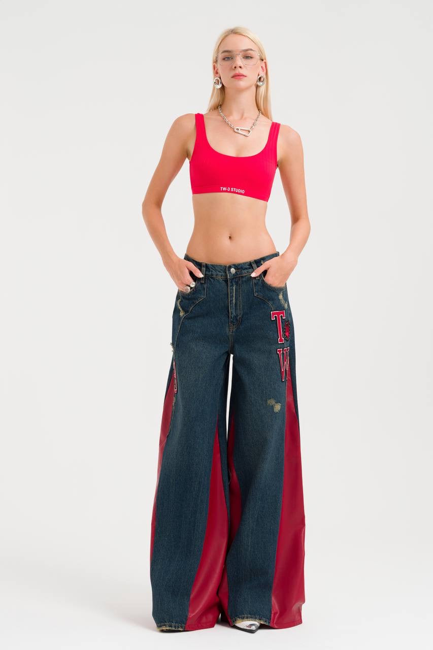 Red With Denim Pants