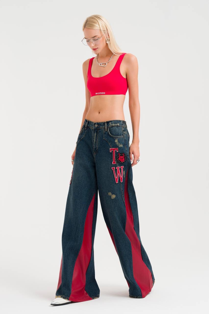 Red With Denim Pants