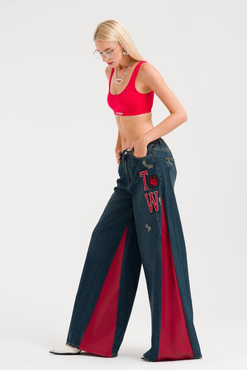 Red With Denim Pants