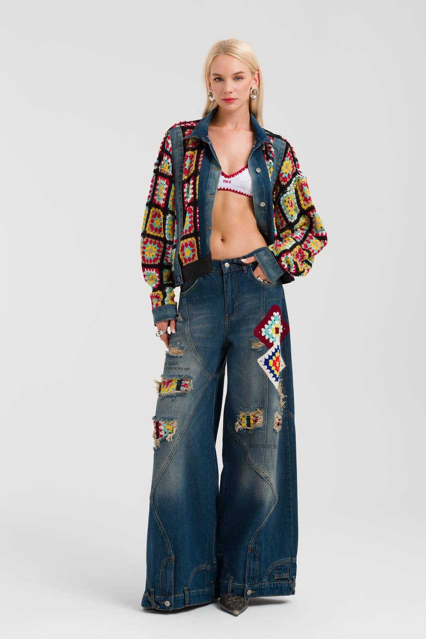 Colorful Crochet Patchwork Denim Set