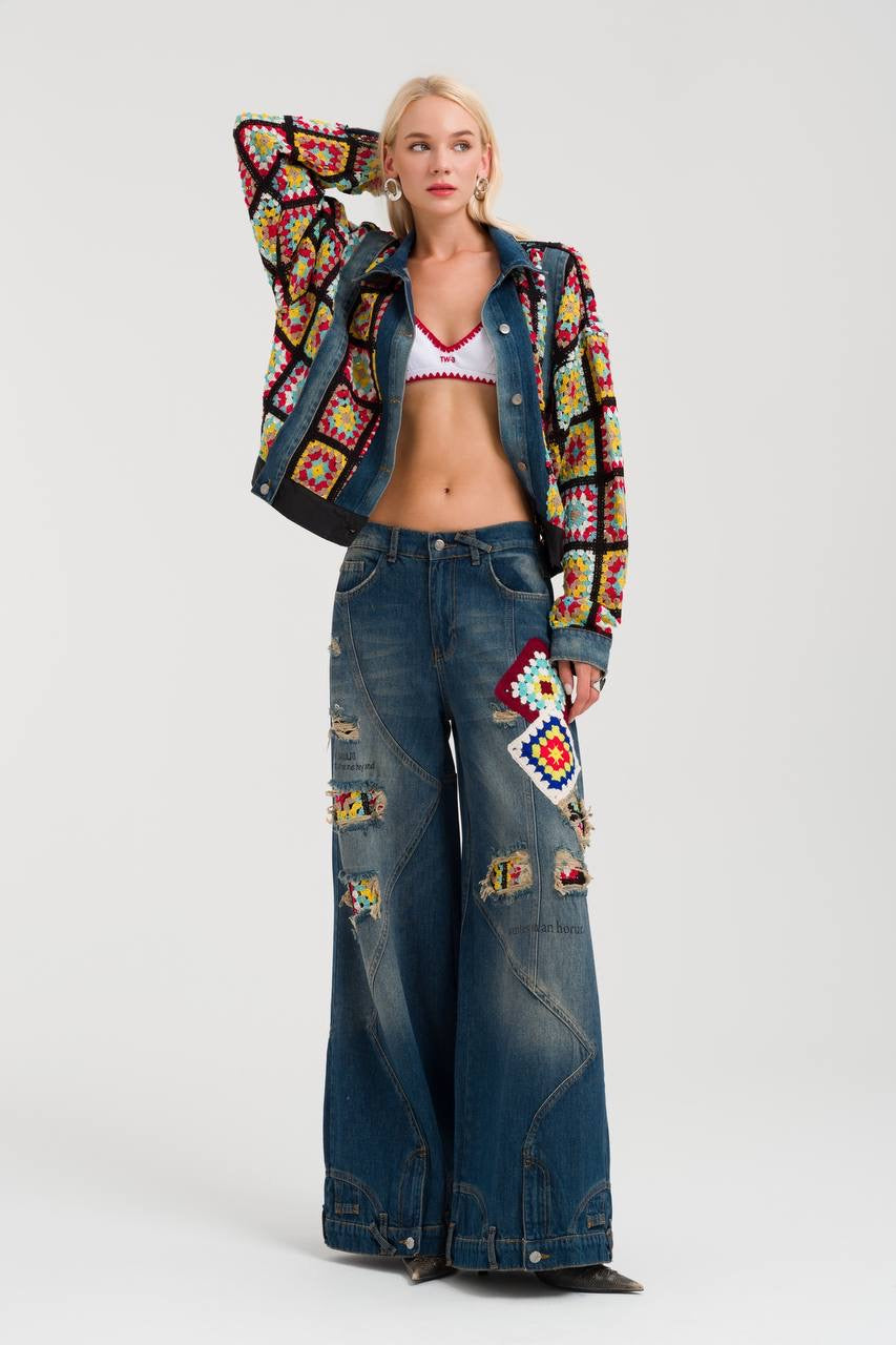 Colorful Crochet Patchwork Denim Set