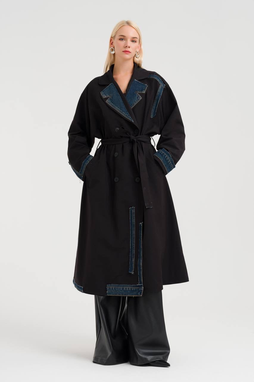 Elegant Black Trench Coat with Denim Accents