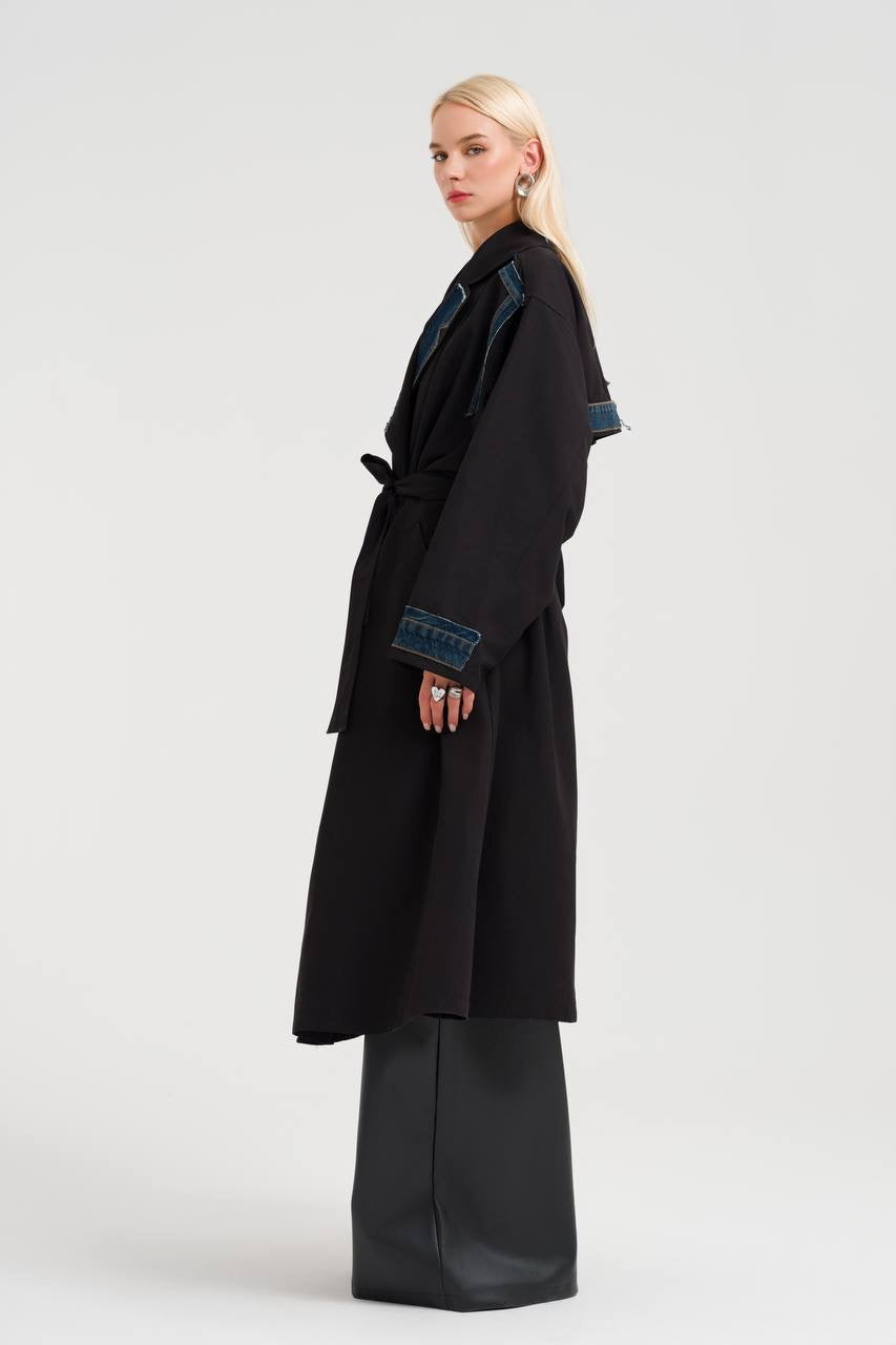 Elegant Black Trench Coat with Denim Accents