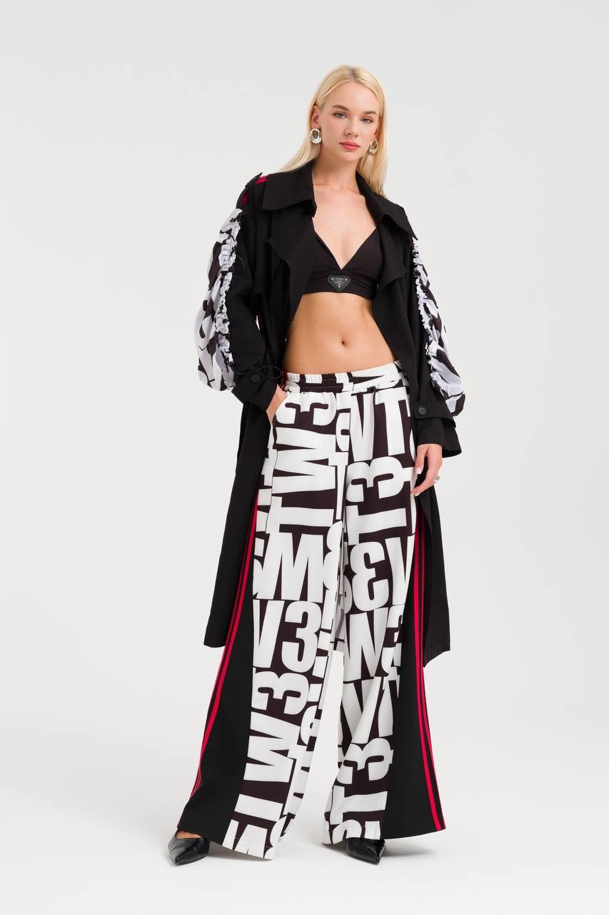 Chic Contrast Trench with Graphic Print Wide-Leg Pants