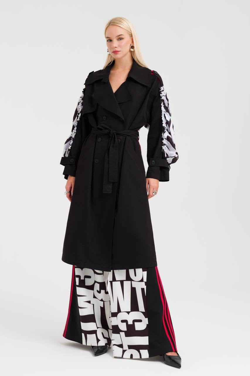 Chic Contrast Trench with Graphic Print Wide-Leg Pants