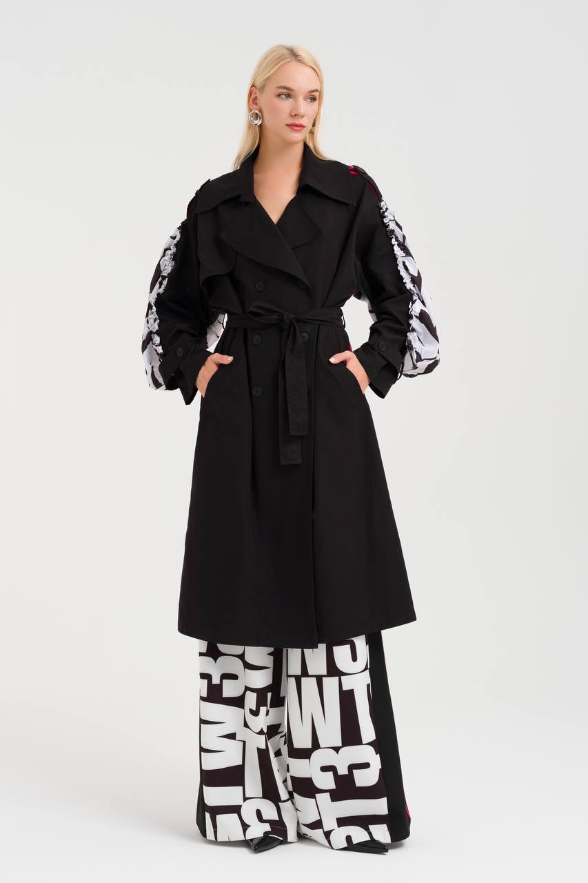 Chic Contrast Trench with Graphic Print Wide-Leg Pants