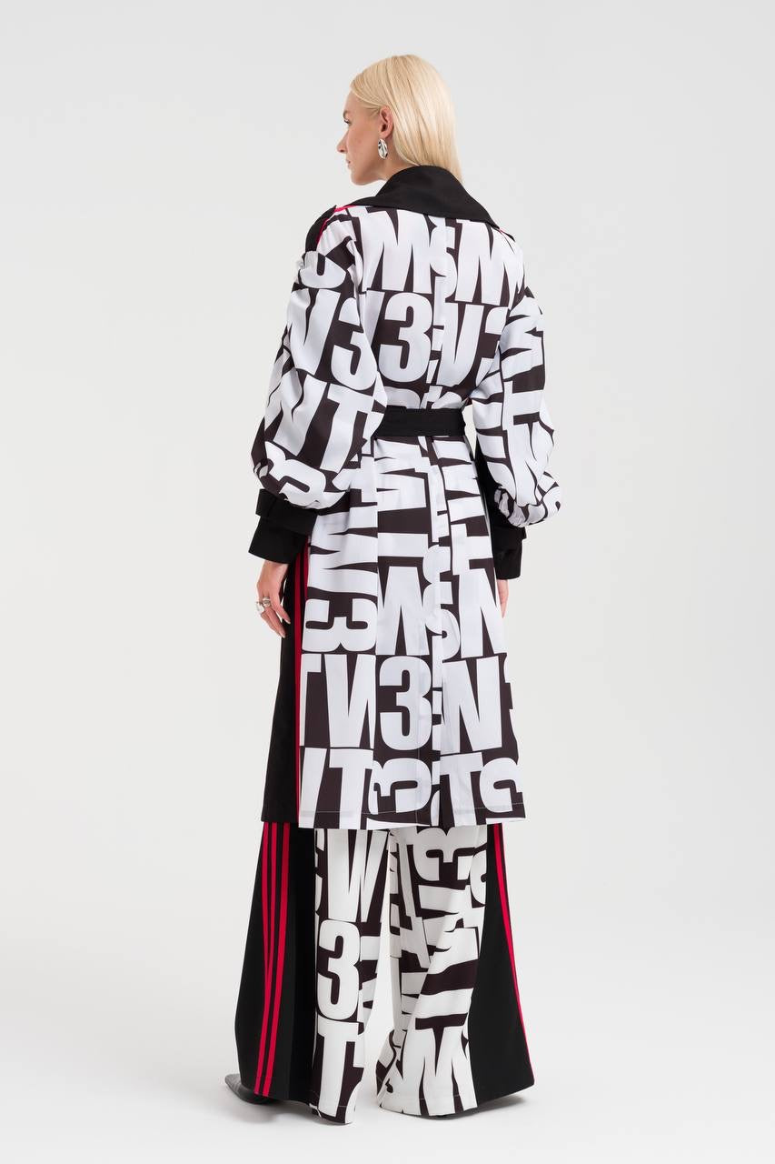 Chic Contrast Trench with Graphic Print Wide-Leg Pants