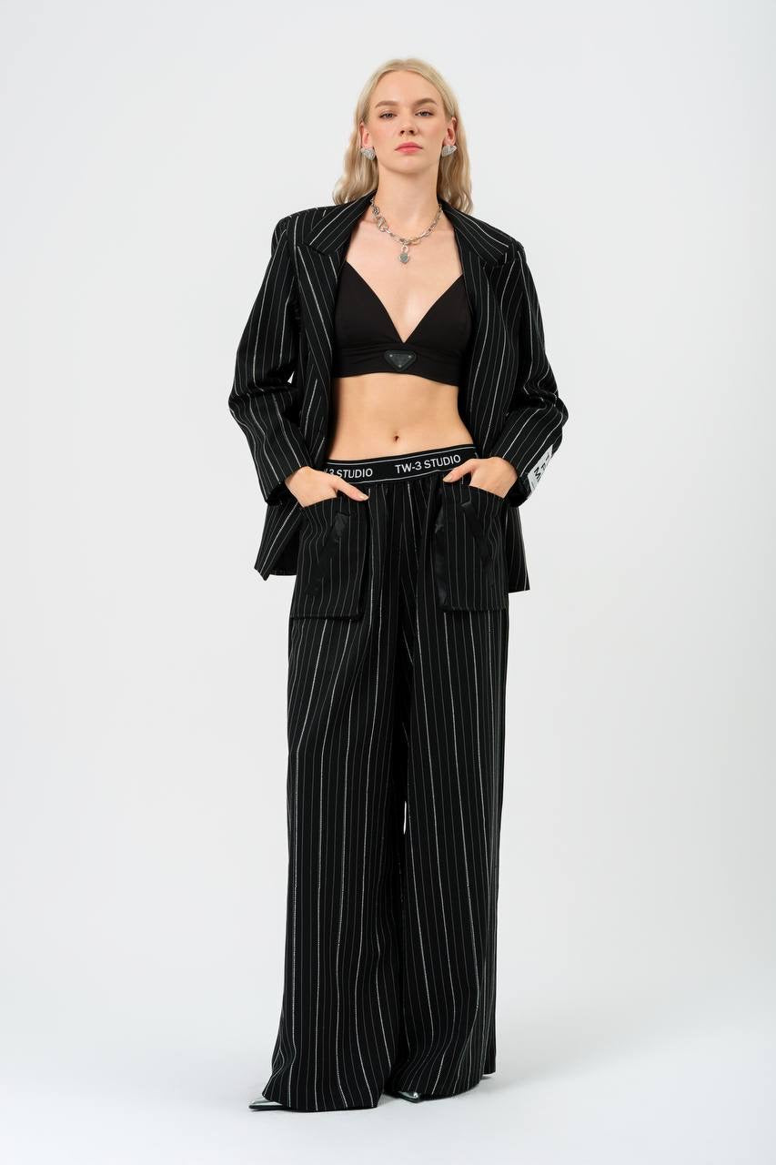 Glamorous Crystal Pinstripe Blazer with Pants Set