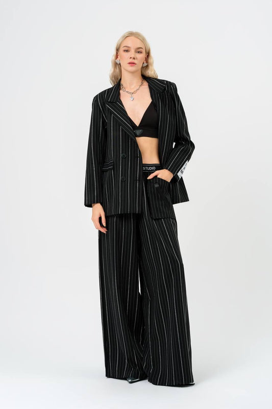 Glamorous Crystal Pinstripe Blazer with Pants Set