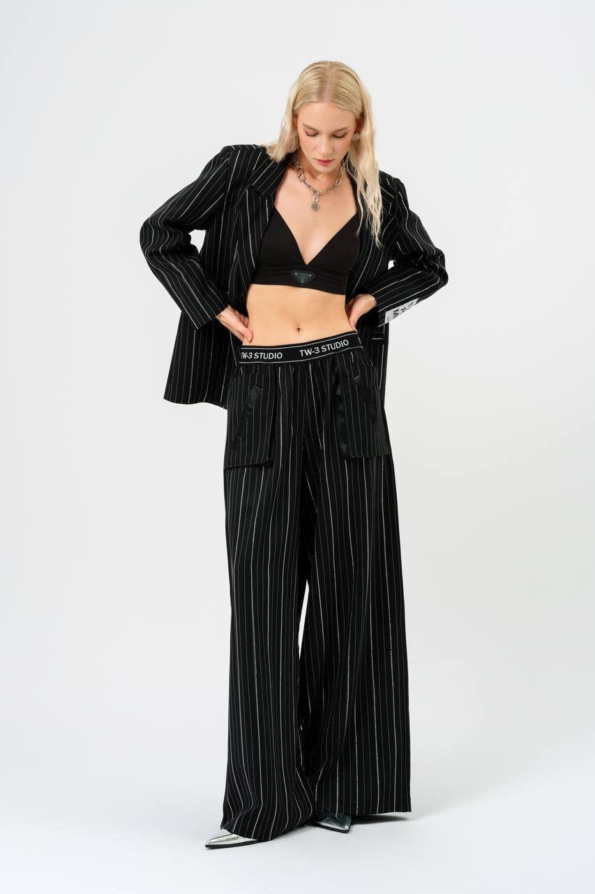 Glamorous Crystal Pinstripe Blazer with Pants Set