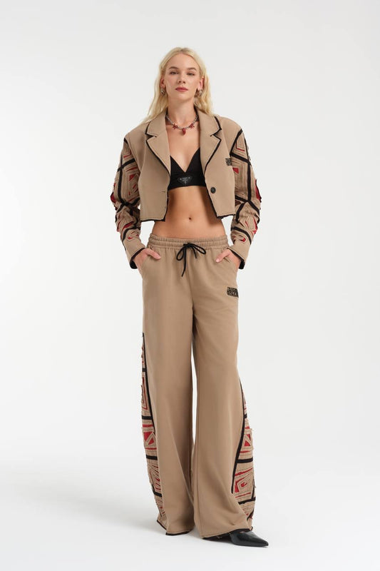 Boho Luxe Crop Blazer and Wide-Leg Pants with Tribal Detail