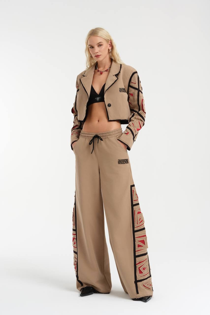 Boho Luxe Crop Blazer and Wide-Leg Pants with Tribal Detail