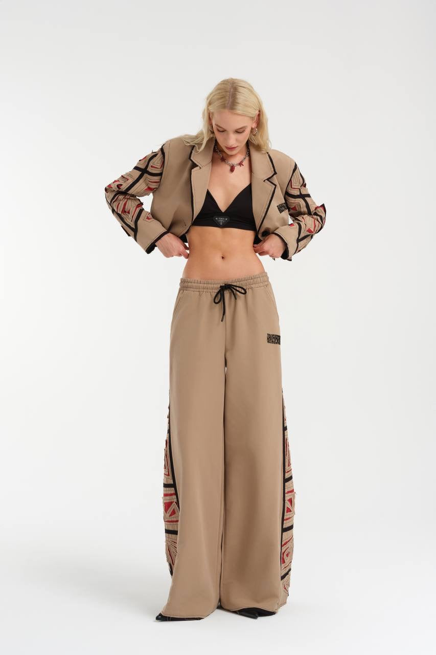 Boho Luxe Crop Blazer and Wide-Leg Pants with Tribal Detail