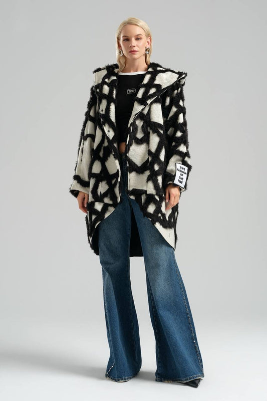 Black and White Oversized Plush Coat with Abstract Design