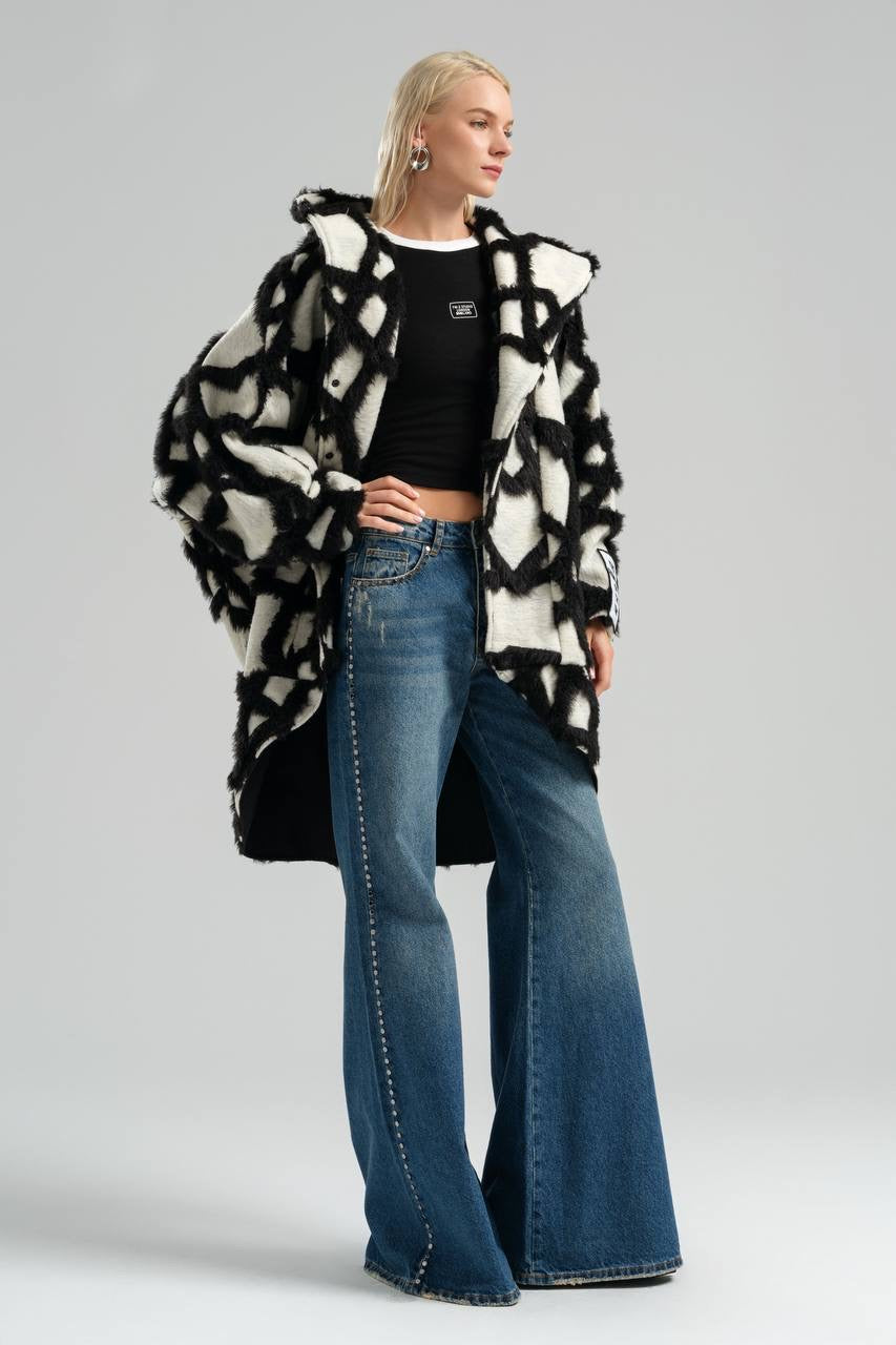 Black and White Oversized Plush Coat with Abstract Design