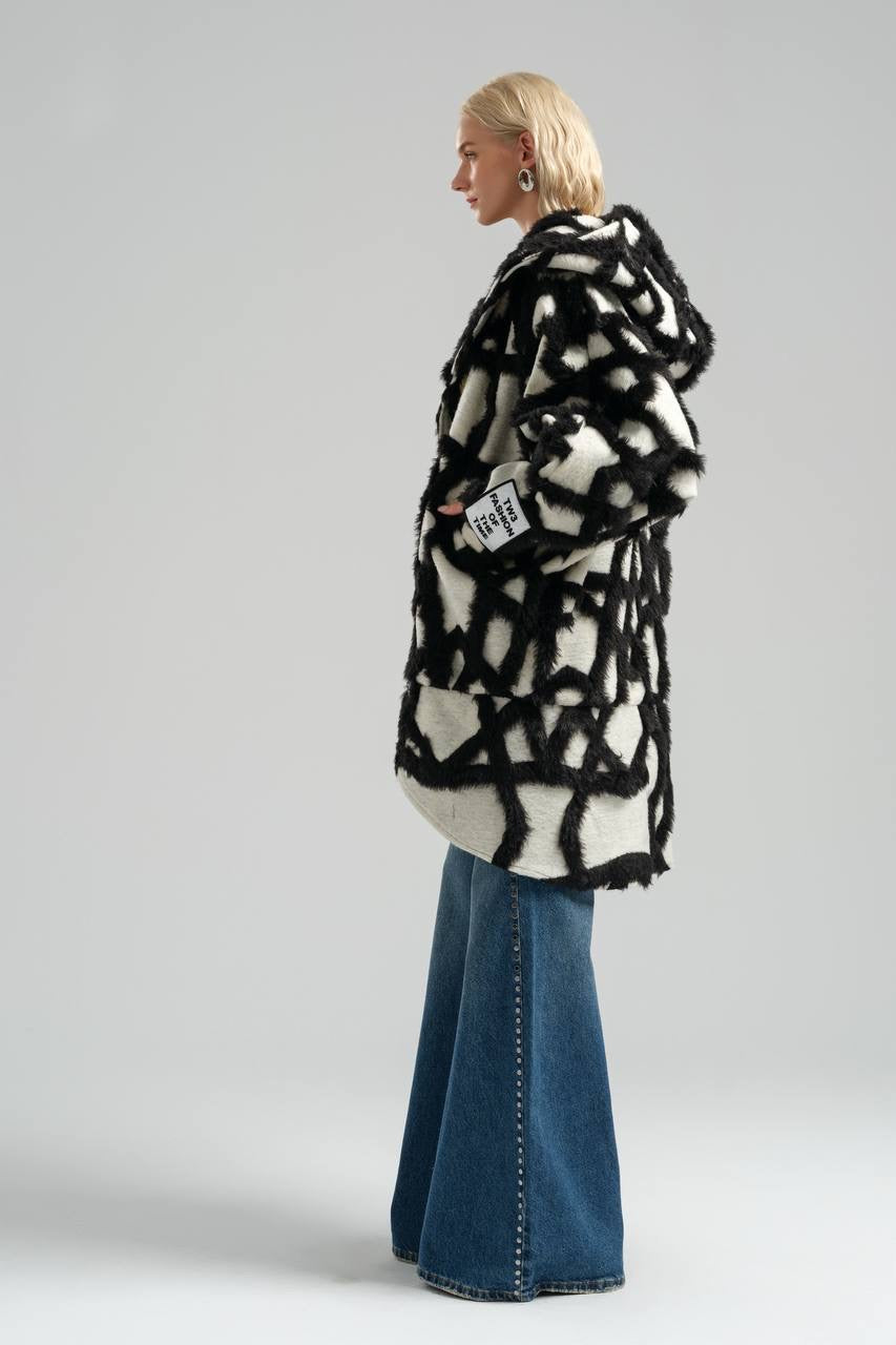 Black and White Oversized Plush Coat with Abstract Design