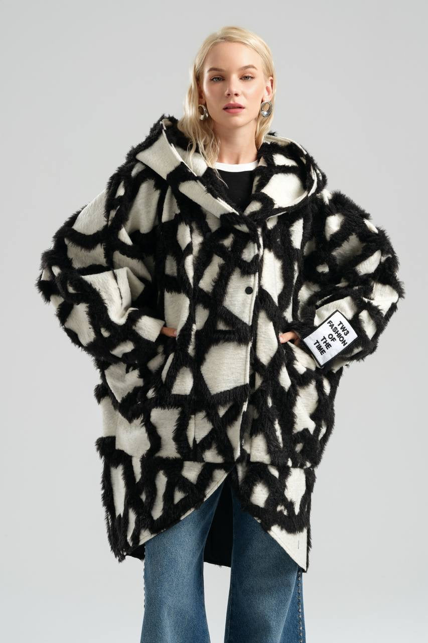 Black and White Oversized Plush Coat with Abstract Design