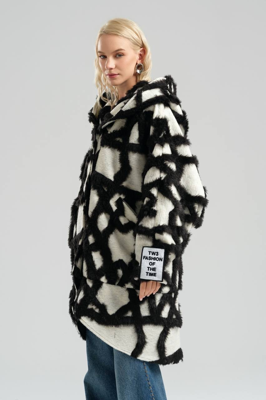 Black and White Oversized Plush Coat with Abstract Design