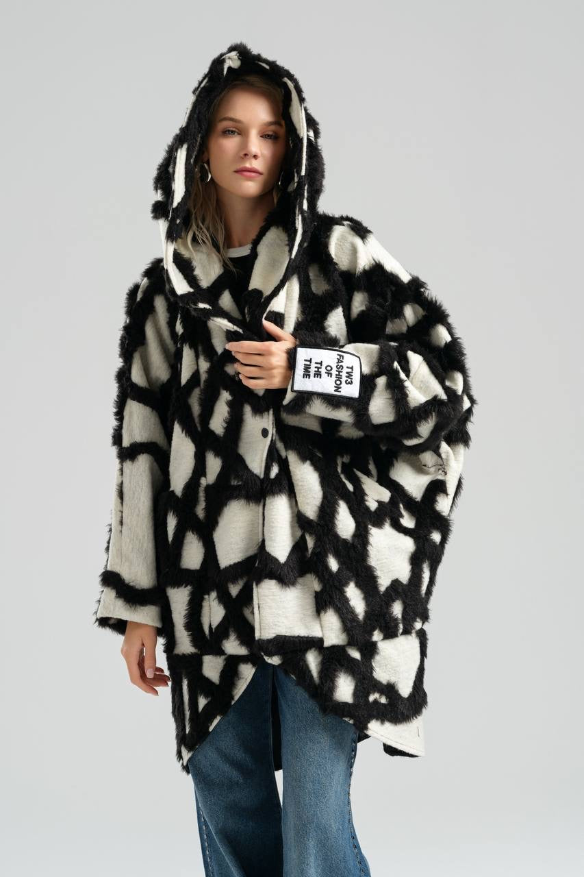 Black and White Oversized Plush Coat with Abstract Design