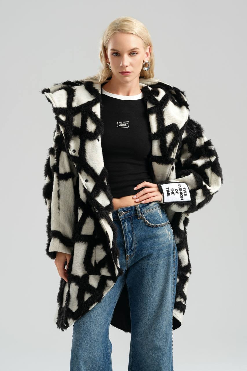 Black and White Oversized Plush Coat with Abstract Design