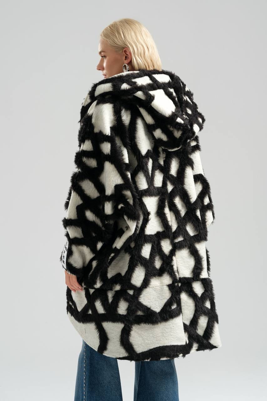 Black and White Oversized Plush Coat with Abstract Design