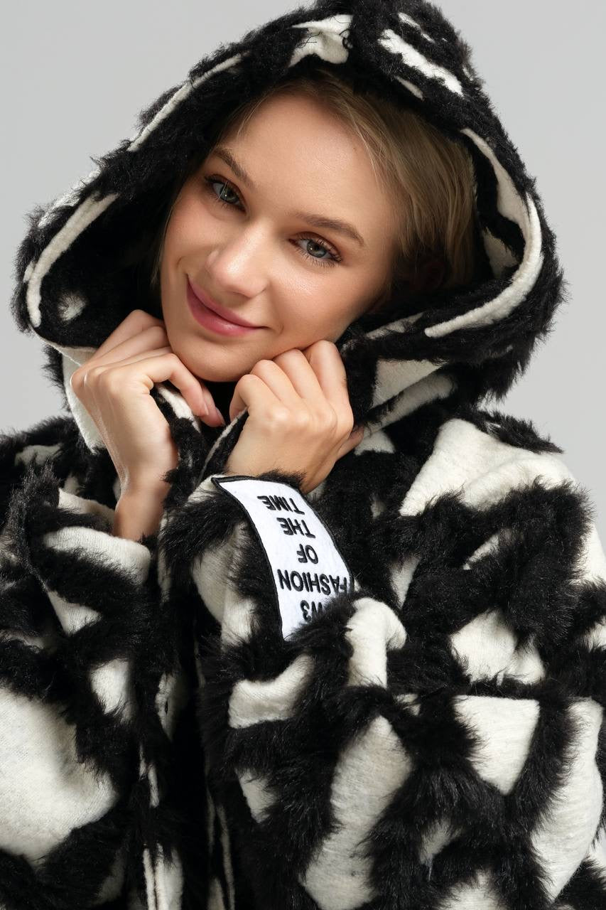 Black and White Oversized Plush Coat with Abstract Design