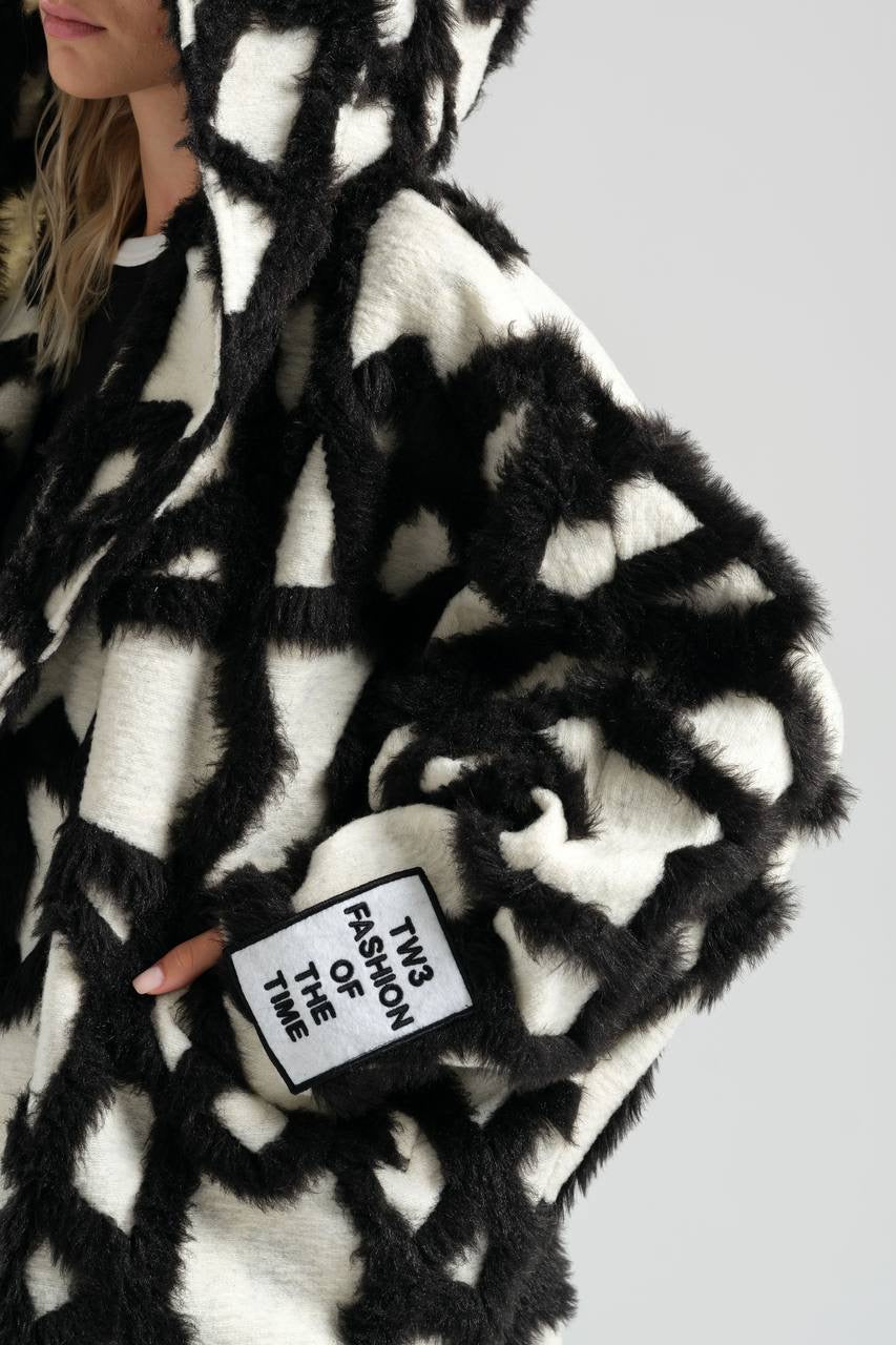 Black and White Oversized Plush Coat with Abstract Design