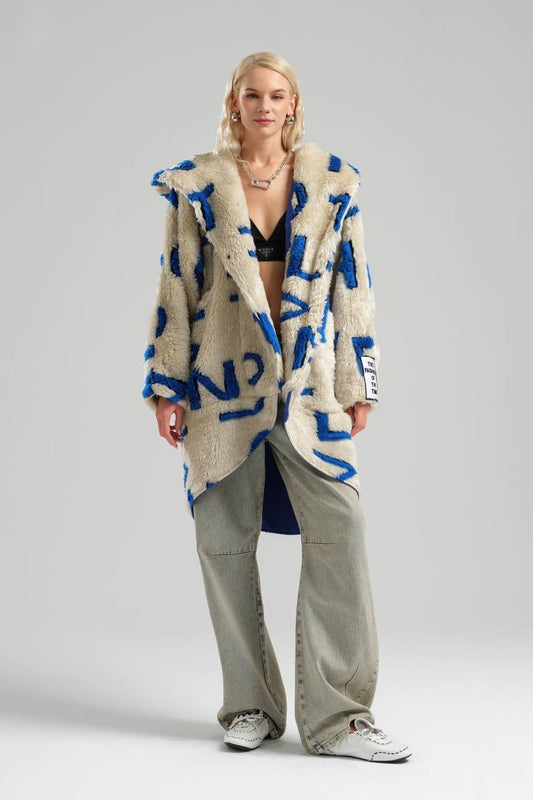 Oversized Fleece Coat with Bold Blue Lettering