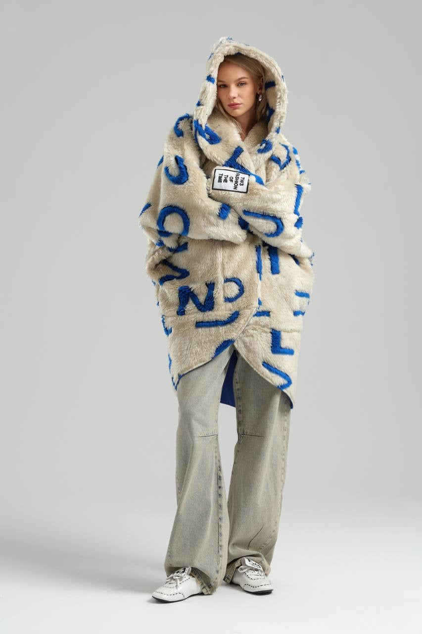 Oversized Fleece Coat with Bold Blue Lettering