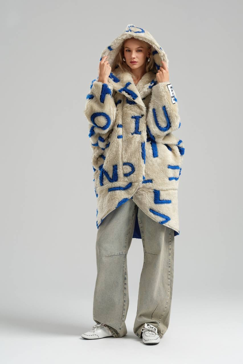 Oversized Fleece Coat with Bold Blue Lettering