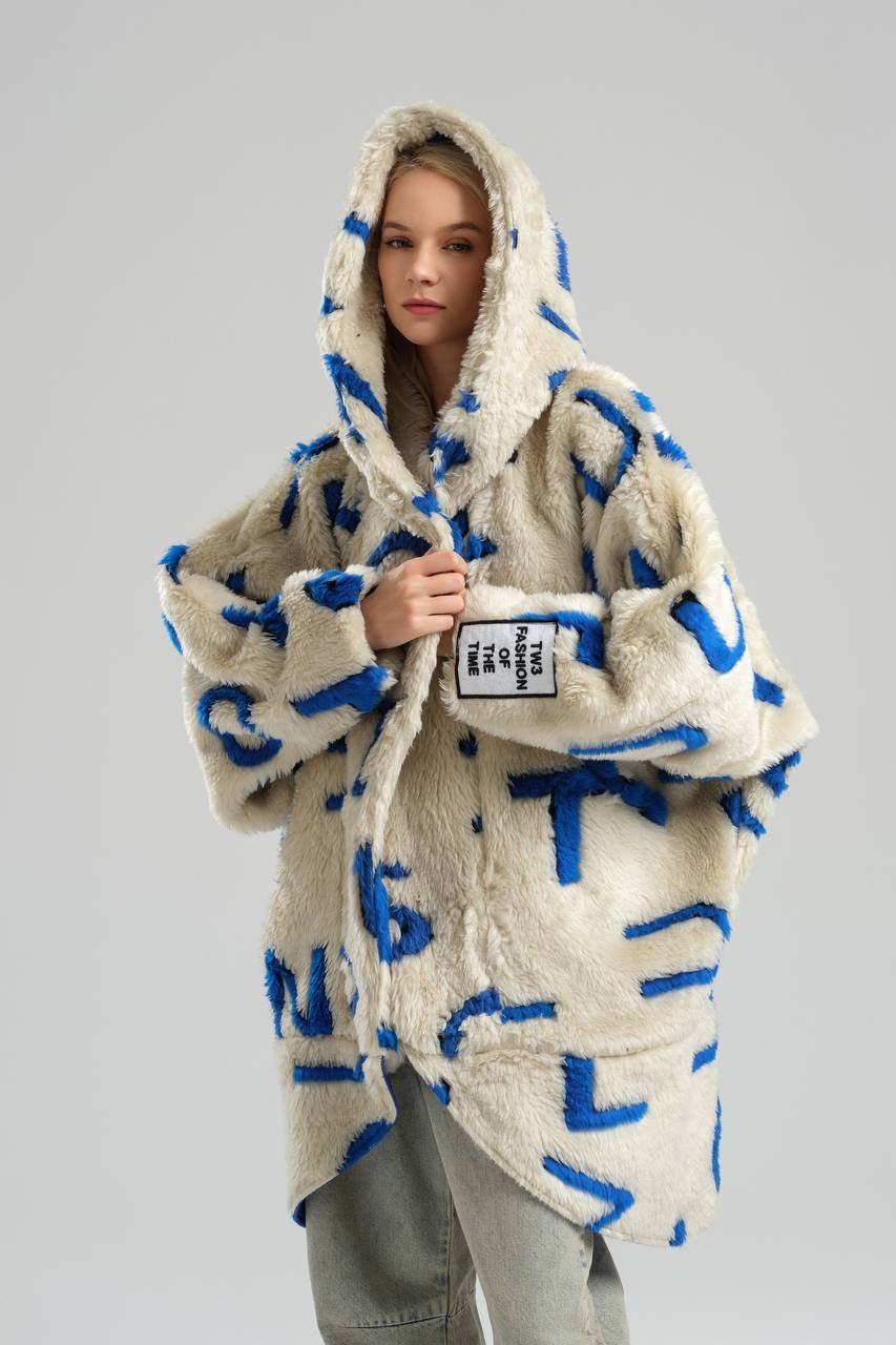 Oversized Fleece Coat with Bold Blue Lettering