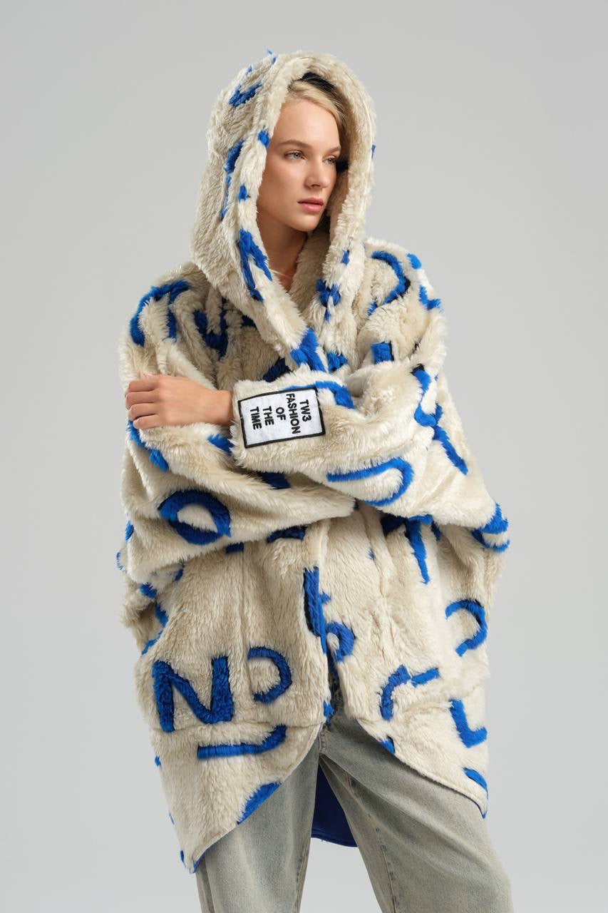 Oversized Fleece Coat with Bold Blue Lettering