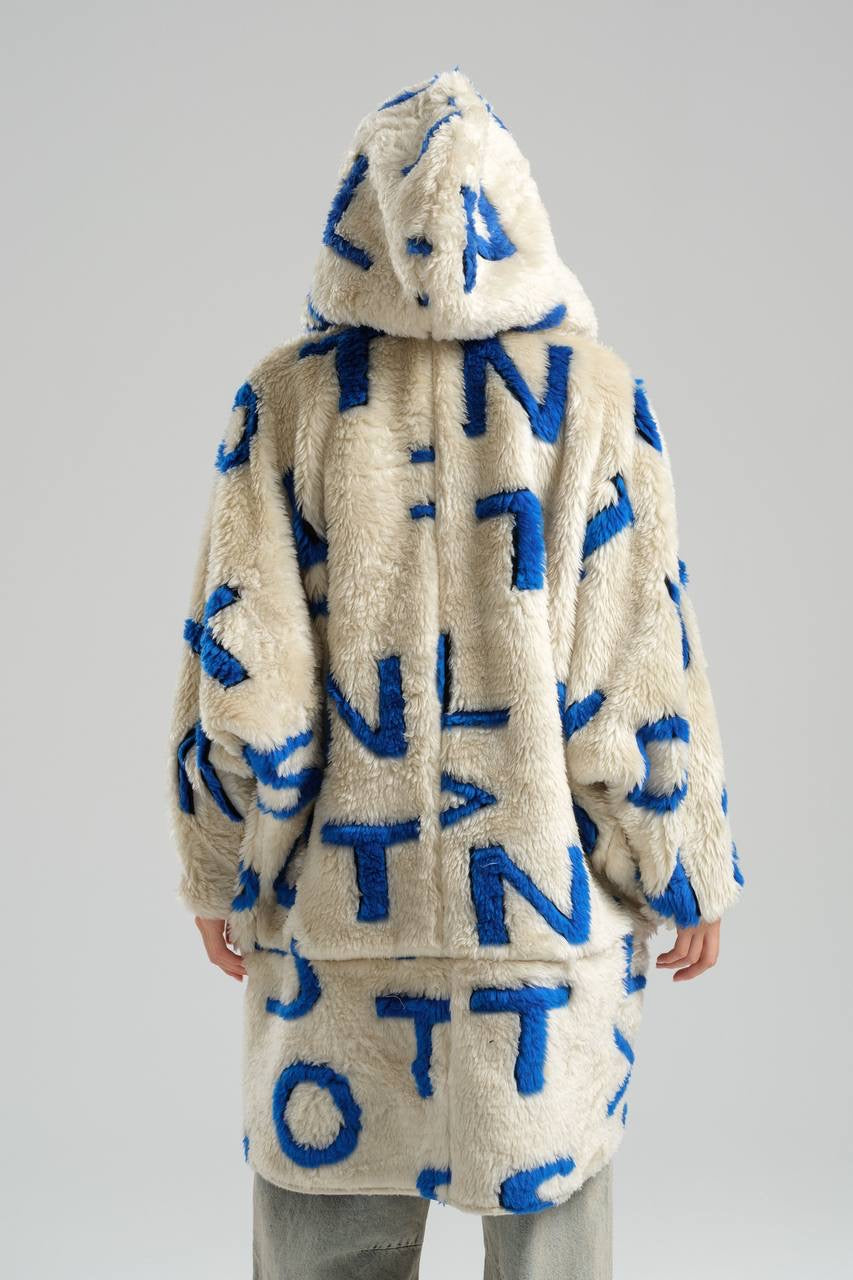 Oversized Fleece Coat with Bold Blue Lettering