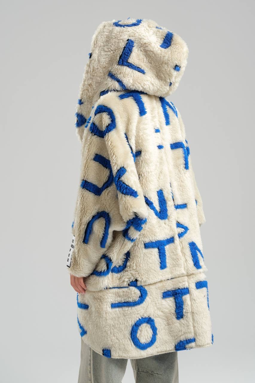 Oversized Fleece Coat with Bold Blue Lettering