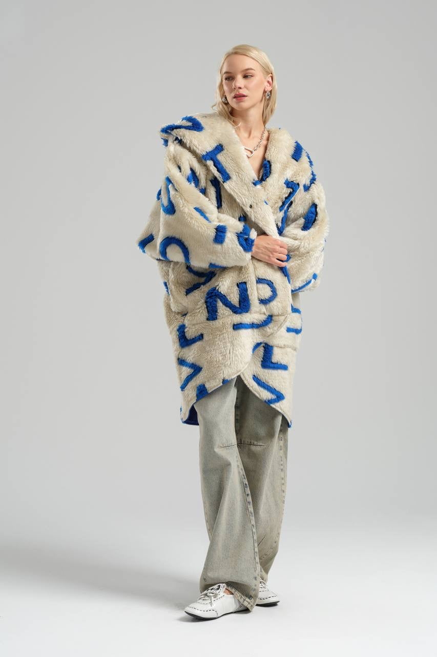 Oversized Fleece Coat with Bold Blue Lettering