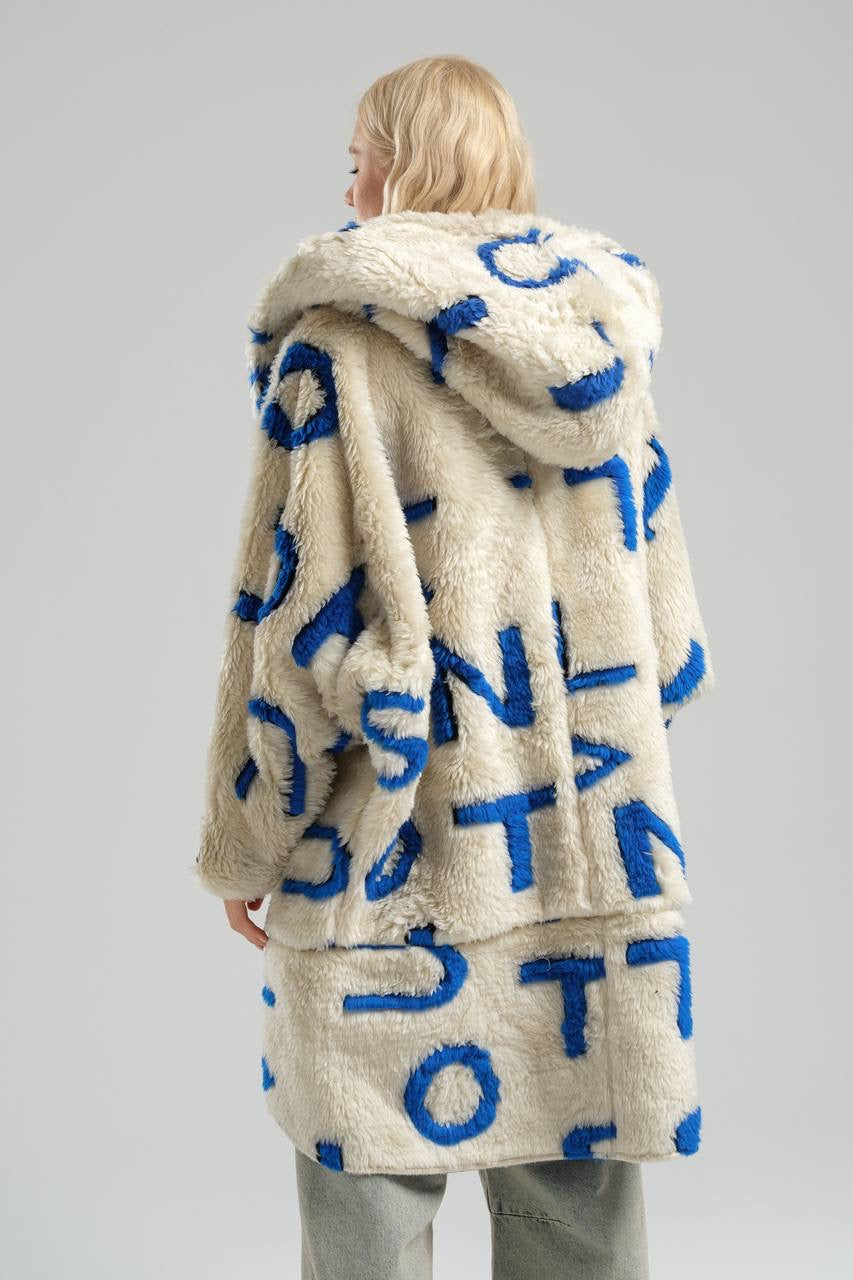 Oversized Fleece Coat with Bold Blue Lettering