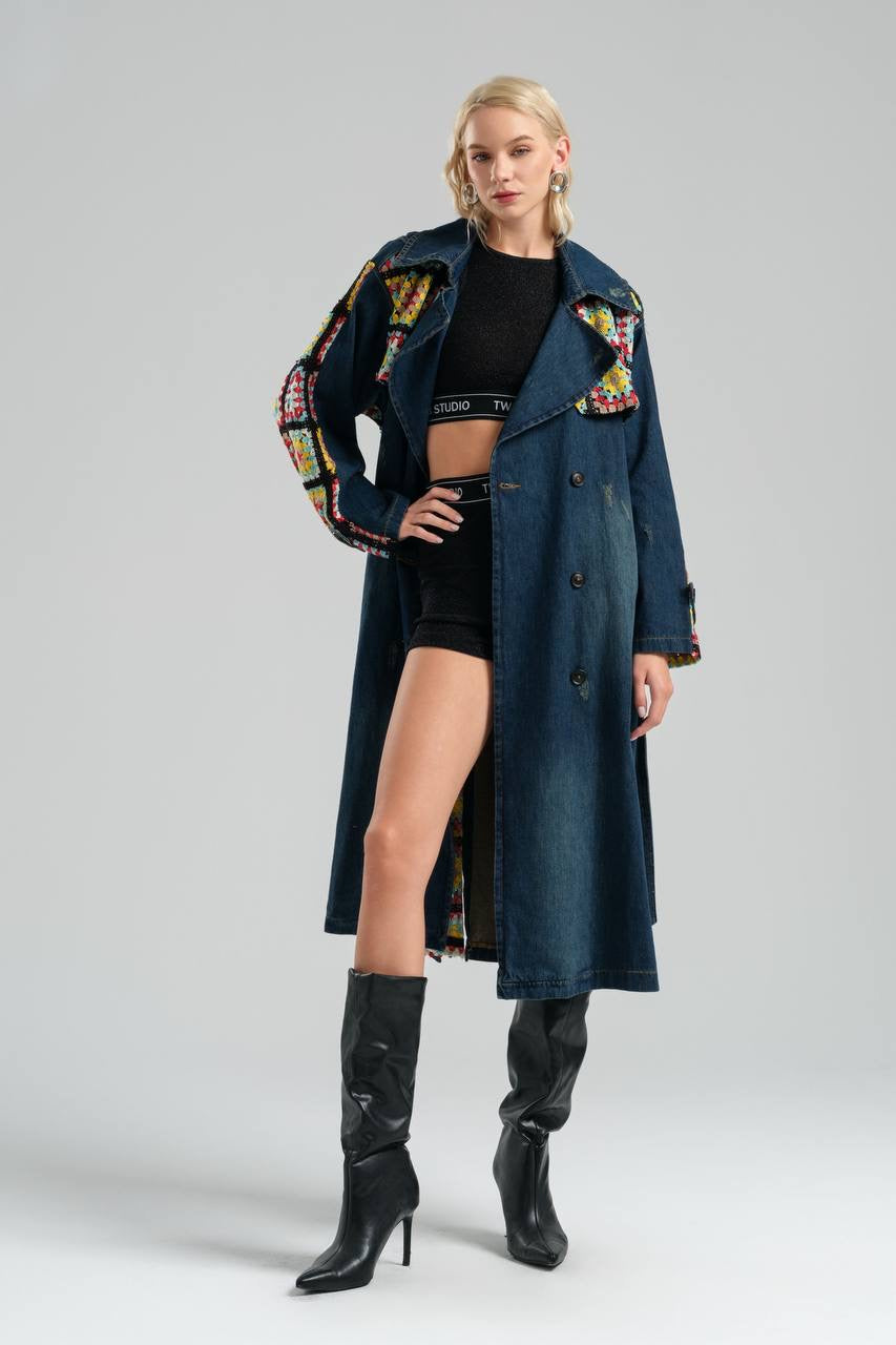 Boho Chic Denim Trench Coat with Crochet Accents